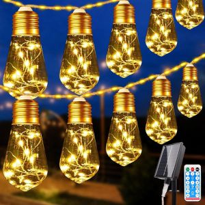 JGD-Guirlande Lumineuse Exterieure Solaire, 5 M 149 LEDs Corde de Chanvre &eacute;tanche avec T&eacute;l&eacute;commande, 10 Ampoules Incassables & 8 Modes, Rechargeable pour Jardin Maison Patio D&eacute;coration de F&ecirc;te de No&euml; - Neuf