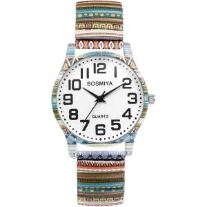 Kalanka-Montre Femme Boh&egrave;me Extensible: Bracelet Montre Femme &Eacute;lastique Fantaisie En Acier Inoxydable Imprim&eacute; Color&eacute;, Grand Chiffres Arabes Facile &Agrave; Lire - Cadeau Anniversaire Ou F&ecirc;te Des M&egrave;res - Neuf