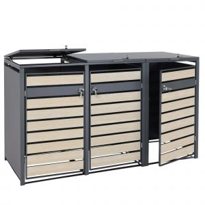 Cache-Poubelles Triple En Acier Anthracite Avec Aspect Bois Clair Pour Bacs 80 240 L Couvercle Soft-Close 04_0010466 - Neuf
