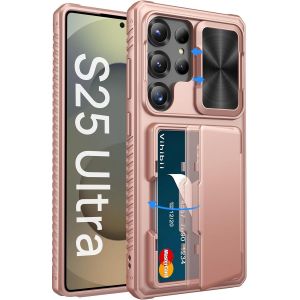 SJZG-Pour Samsung Galaxy S25 Ultra Coque Avec Fentes Pour Cartes [Rfid Blocking], Protection Cache Objectif, Tpu Militaire Robuste Coque Antidérapant Wallet Housse Pour Samsung S25 Ultra, Or Rose - Neuf