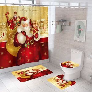 4 Pack De P&egrave;re No&euml;l De No&euml;l Rideau De Douche Sets De, De No&euml;l Rideau De Douche Avec Des Ensembles De Tapis, Toilette D'un Couvercle Et De Tapis De Bain Pour Salle De Bain D&eacute;coration De No&euml;l, D&eacute;corat - Neuf