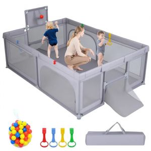 Costway Parc Bebe - 50 Balles Oc&eacute;aniques, Panier De Basket, But De Football, Porte Zipp&eacute;e, 4 Anneaux De Traction 0-3 Ans Gris Clair - Neuf