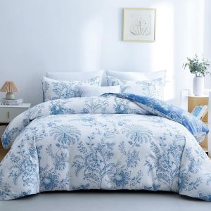 Ulteronixshop-Housse De Couette Florale 3 Pi&egrave;ces Pour Lit Double Avec 2 Taies D'oreiller, Parure De Lit Douce &Agrave; Motif Floral Blanc Et Bleu Pour Toutes Les Saisons, Respirante, Fermeture &Eacute;clair - Neuf