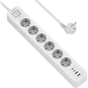 Multiprise USB C,4 Prises avec 4 Ports USB Chargeur de Voyage, Parasurtenseur Multiprise Electrique(3680W 16A) Parafoudre et Surtension avec Interrupteur Cable 2m pour Smartphone Tablette- Blanc - Neuf
