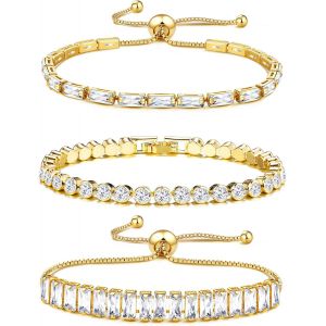 Eryi-3 Pièces Tennis Bracelet Femme Zirconium Cubique Bracelet Diamant Bracelet Réglable Brillant Empilable Bracelets Tennis Argent Or - Neuf