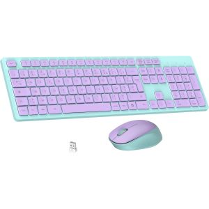 Ensemble Clavier et Souris sans Fil, Ultra Mince and Silencieux Clavier AZERTY Français Pleine Taille 2.4G avec Récepteur USB pour PC, Ordinateur Portable, Windows, Mac-Violet Vert - Neuf