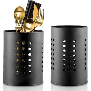 Senior-2 Pi&egrave;ces Pot Ustensiles Cuisine Noir Porte Ustensiles Cuisine En Acier Inoxydable Egouttoir Couvert Verticalen Rangement Pot Ustensile Rond Pour Cuill&egrave;re Couteau Fourchette Baguettes[L1545] - Neuf