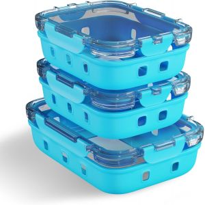 Récipients Hermétiques Pour Aliments Avec Couvercle En Silicone|Set De Couvercles En Verre Avec Couvercles En Plastique|Boîte À Déjeuner En Verre (2 X 370 Ml + 1 X 640 Ml) - Neuf