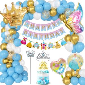 Decoration Anniversaire Princesse,Princesse Cendrillon Ballon,Deco Anniversaire Fille Avec Joyeux Anniversaire Banni&egrave;re Cake Topper Couronne Princesse,Happy Birthday Decoration Pour Enfant - Neuf