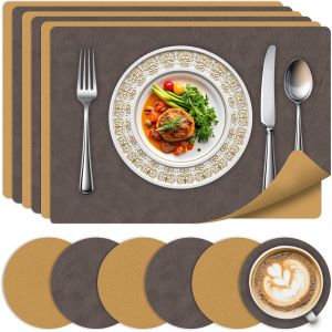 Tianyi-Set De 6 Sets De Table Et Sous-Verres-Sets De Table R&eacute;sistants &Agrave; La Chaleur Lavables, Design Cuir Double Face Antid&eacute;rapant Sets De Table Pour Cuisine, Maison, Restaurant,Argile Gris+Jaune - Neuf