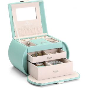 Bo&icirc;te &agrave; Bijoux, Coffret &agrave; Bijoux avec 3 Niveaux, Rangement pour Colliers, bagues, Montres, avec Miroir et poign&eacute;e, Carte de voeux, Cadeaux pour les filles et les femmes (Rosa) - Neuf