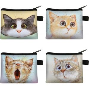 CAUC-4 Pi&egrave;ces Porte Monnaie Chat, Coin Porte Monnaie avec Fermeture Eclair, Petit Porte Monnaie Femme Fille, Coin Porte Monnaie Enfant, pour Rouge &agrave; L&egrave;vres, Pi&egrave;ces, Coin, Carte De Cr&eacute;dit, Cl&eacute;s (13.5x - Neuf