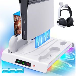 Support pour PS5/PS5 Slim/PS5 Pro avec ventilateur de refroidissement et &eacute;clairage RVB, station de charge double contr&ocirc;leur pour console PS5/Slim/Pro avec 5 emplacements de jeu et 3 ports USB - Neuf