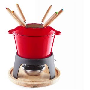 SUBZONAL-Lacor - 71711 - Service &agrave; fondue en fer forg&eacute; &eacute;maill&eacute;, support en fer avec base en bois, adapt&eacute; &agrave; l'induction, 6 fourchettes &Oslash; 16,5 x 10 cm (1,7 litres), Rouge - Neuf