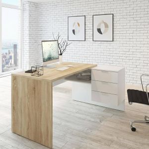 SUBZONAL-Bureau Greensboro R&eacute;versible Multifonctionnel, Table d'Angle Avec Support PC et Tiroirs, 145x108h73 cm, Ch&ecirc;ne et Blanc - Neuf