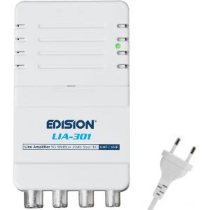 MEVRONISSHOP-EDISION LIA-301 Amplificateur Antenne TV TNT int&eacute;rieur d'appartement UHF/VHF, 5-20db R&eacute;glable, 98dBmV, pour Num&eacute;rique Terrestre DVB-T/T2, avec Filtre 5G LTE, 1 entr&eacute;e, 3 Sorties, Connect - Neuf