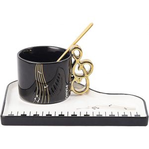 Eryi-Tasse À Café En Céramique : Tasses À Café Avec Poignée De Notes, Tasse Piano, Tasses À Cappuccino Avec Soucoupe Et Cuillère, Cadeaux De Musiciens, Tasse À Café Pour Les Amateurs De Musique, Pâqu - Neuf