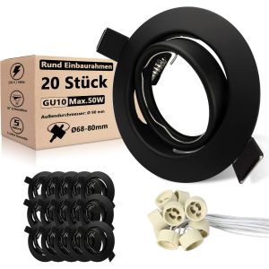 Lot de 10 spot encastrable GU10 Set, Cadres de montage pour Spots Noir Mat Rond Encastrer Orientables 30° Adapté aux Lampes Halogènes et Modules LED Douilles GU10 Incluses - Neuf