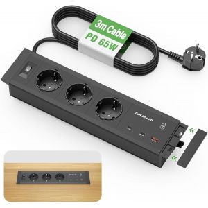 Prise Encastrable Plan de Travail 2 USB C GaN 65W, Aluminium Bloc Prise Encastrable avec Câble 3m, Multiprise Encastrable avec Interrupteur pour Bureau, Table - Neuf