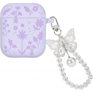 Coque Compatible avec Airpods 1/2 G&eacute;n&eacute;ration avec Porte-cl&eacute;s, Housse en Silicone Souple avec Fleurs Grav&eacute;es Design pour Filles, &Eacute;tui de Protection Antichoc Anti-Rayures Anti-poussi&egrave;re, Violet - Neuf