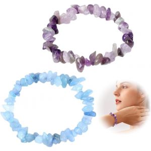 Eryi-1 Bracelet En Cristal Violet Naturel Et 1 Bracelet En Pierre Aigue-Marine Naturelle, Bracelet En Cristal Aigue-Marine, Bracelet En Pierre Naturelle, Bracelet En Pierre De Cristal Violet - Neuf