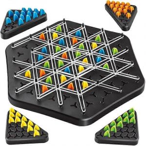 Jeu De Triangles En Cha&icirc;ne, Jeu De Soci&eacute;t&eacute; Interactif, Jeu D'&eacute;checs Triangulaire Avec 4 Piquets De Couleur Et &Eacute;lastiques Blancs, Jeu De Strat&eacute;gie Casse-T&ecirc;te - Neuf