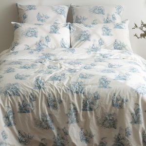 Housse De Couette 200x200 Coton Bleu Blanc Motiv La Toile De Jouy Parure De Lit Percale Avec 2 Taie D'oreiller 65x65 Bci 200 Fil Coton - Neuf