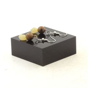 Boucles D'oreilles 2 Perles Calcite Jaune Du Royaume-Uni + Bois 8 Mm Fabriqu&eacute; En France. - Neuf