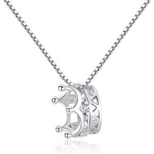 Collier Pendentif Couronne En Argent 925/1000 Avec Diamant Simul&eacute;, Id&eacute;e Cadeau Femme Fille Princesse Pour Noel Anniversaire - Neuf