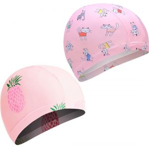 meimie-Bonnets De Bain Enfants 2 Pièces Bonnet De Natation Bonnet De Piscine Rose Et Bleu Pour Filles Bonnet De Bain De Conception De Cygne Licorne De Dessin Animé Bonnets De Piscine Amusants - Neuf