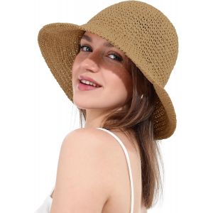 Chapeau De Soleil Femme En Paille Tressée Large Bord Reversible Plage Bob Pliable Été Voyage Protection Uv Upf50+.[Z1427] - Neuf