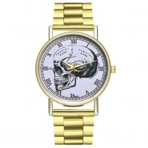 Montre A Quartz Zhoulianfa Avec Bracelet En Acier Et Cadran A Chiffres Romains, Motif Tete De Mort Vintage, Unisexe - Neuf