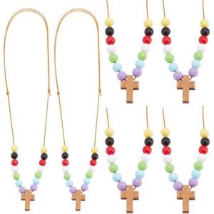 Kal-10pcs Croix De Bois Sur Charmes De Croix De Cordon Collier Colliers &Agrave; Pendentif En Perles Chapelet R&eacute;glable Bijoux Collier Color&eacute; - Neuf