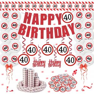Sjzg-D&eacute;coration 40e Anniversaire Homme Femme Panneau De Signalisation 40e Anniversaire Kit De D&eacute;coration Avec Ruban De D&eacute;limitation 40e Anniversaire, Ballons, Serpentins, Confettis, Spirales - Neuf