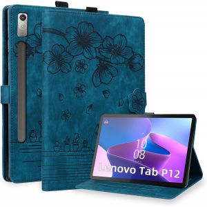 Coque Pour Lenovo Tab P12 2023 12.7 Pouces (Tb370fu), Housse De Protection Multi-Angles &Eacute;tui En Cuir Pu Avec Boucle De Stylo, Fente Pour Carte, Auto R&eacute;veil/Sommeil, Bleu - Neuf