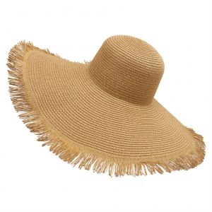 Chapeau De Soleil En Paille Pour Femme, Chapeau De Plage Tresse A Larges Bords Effiloches Avec Cordon, Chapeau D'ete Pour L'exterieur - Neuf