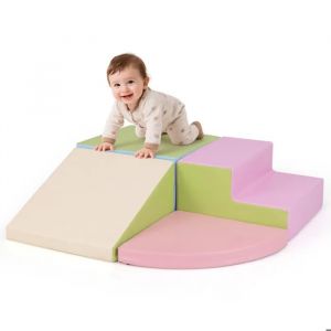 4 PCS Bloc de Construction pour Enfant COSTWAY-Mousse EPE-Housse en PU Imperm&eacute;able Amovible-Grimper Ramper-Vert+Rose - Neuf