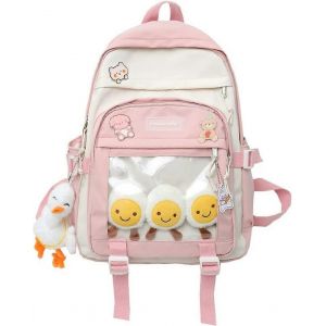 Sac &agrave; dos kawaii aux couleurs contrast&eacute;es avec pendentif animal mignon grande capacit&eacute; sac de voyage &agrave; la mode sac &agrave; dos de shopping (rose + pendentif) - Neuf