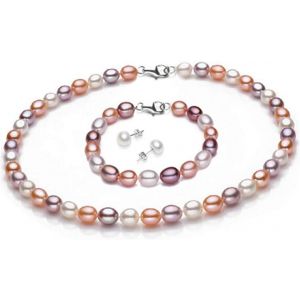 Fab Parure De Bijoux Élégante Avec Collier,Bracelet Et Boucles D'oreilles En Perles D'eau Douce En Forme De Riz 7-8 Mm Pour Femmes Et Filles,Argent,Perle - Neuf