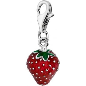 Kalsw-Charm Pendentif Breloque Avec Fermoir Femme Plaqué Argent Émail Rouge Et Vert 3d Fraise - Neuf