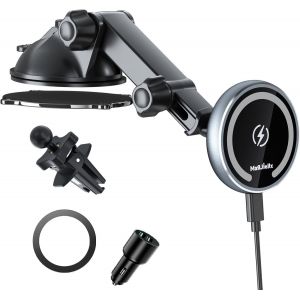 JGD-Support Telephone Voiture Induction pour MagSafe, 15W Magn&eacute;tique Chargeur sans Fil Voiture pour iPhone 16 15 14 13 12 Adapt&eacute; &agrave; Ventilation Tableau de Bord Pare-Brise QC3.0 Adapter Inclus - Neuf