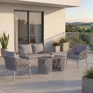 Ensemble De Jardin Hwc-P90, Ensemble Lounge Canap&eacute; Fauteuil Table, Tressage En Corde Rope Tissu/Textile (180 G/M&sup2;)Gris Clair - Neuf