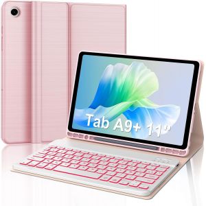 Clavier Pour Samsung Galaxy Tab A9+ 2023 11 Pouces Avec Rétroéclairage, Étui Clavier Pour Samsung Tab A9+ 2023 Clavier Bluetooth Azerty Français Magnétique Coque Avec Pen Holder, Or Rose - Neuf