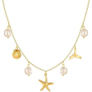 Kalanka-Collier À Breloques Pour Femmes, Perles Étoile De Mer Coquillage Or 14 Carats, Bijoux D'été Plage Surfeur Bijoux Collier Cadeaux, Or, L - Neuf