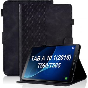 KAL-Coque Pour Samsung Galaxy Tab A6 10.1 Pouce 2016 Housse Sm-T580/T585 Cuir Pu Etui Flip Portefeuille Case Treillis Avec Multi-Angle Support Et Poche, Noir - Neuf