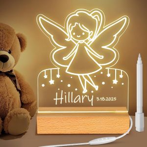 Veilleuse B&eacute;b&eacute; Personnalis&eacute;, Peut &Eacute;crire Le Nom Et La Date, Personnalis&eacute; Elfe Lampe Chevet Enfant, Idee Cadeau Bapteme, Deco Chambre Bebe Enfant - Neuf