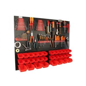 botle&reg; Panneau perfor&eacute; m&eacute;tallique, bacs empilables + &eacute;tag&egrave;re murale + porte-outils, lot de 59 pi&egrave;ces, 32 bacs empilables rouges - Neuf