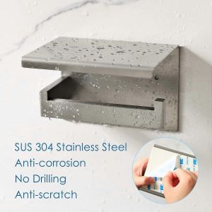Porte-rouleau de papier toilette sans per&ccedil;age, en acier inoxydable, autocollant, pour salle de bain et toilettes - Neuf