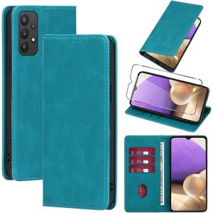 Kal-Coque Cuir Pour Samsung Galaxy A32 4g 6.4"" Avec 1 Verre Tremp&eacute; Etui &Agrave; Rabat En Pu Porte-Cartes Portefeuille Support Flip Housse Magn&eacute;tique Antichoc Anti-Rayures Case,Light Blue - Neuf