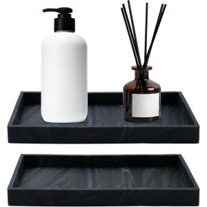 Lot De 2 Plateaux Rectangulaires En R&eacute;sine Silicone - Savon, &Eacute;vier, Plan De Travail - Marbre Noir - 22 X 11 Cm - Neuf